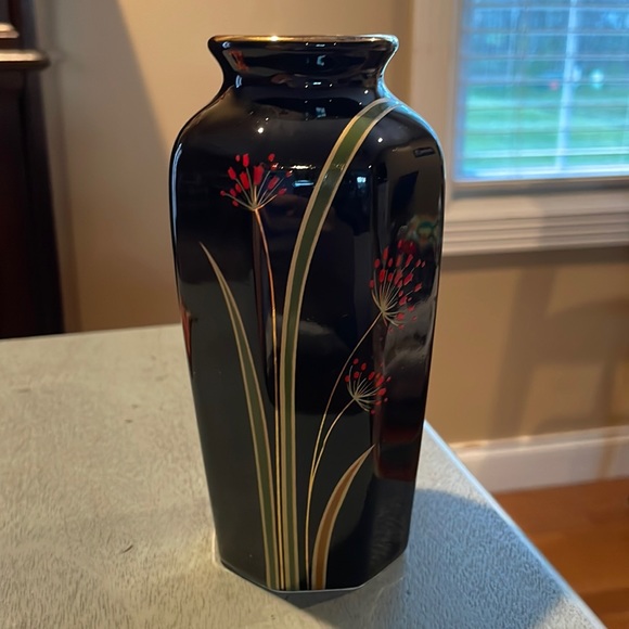 Accents Black Vase With Floral Design Green Gold And Red Japan Mark